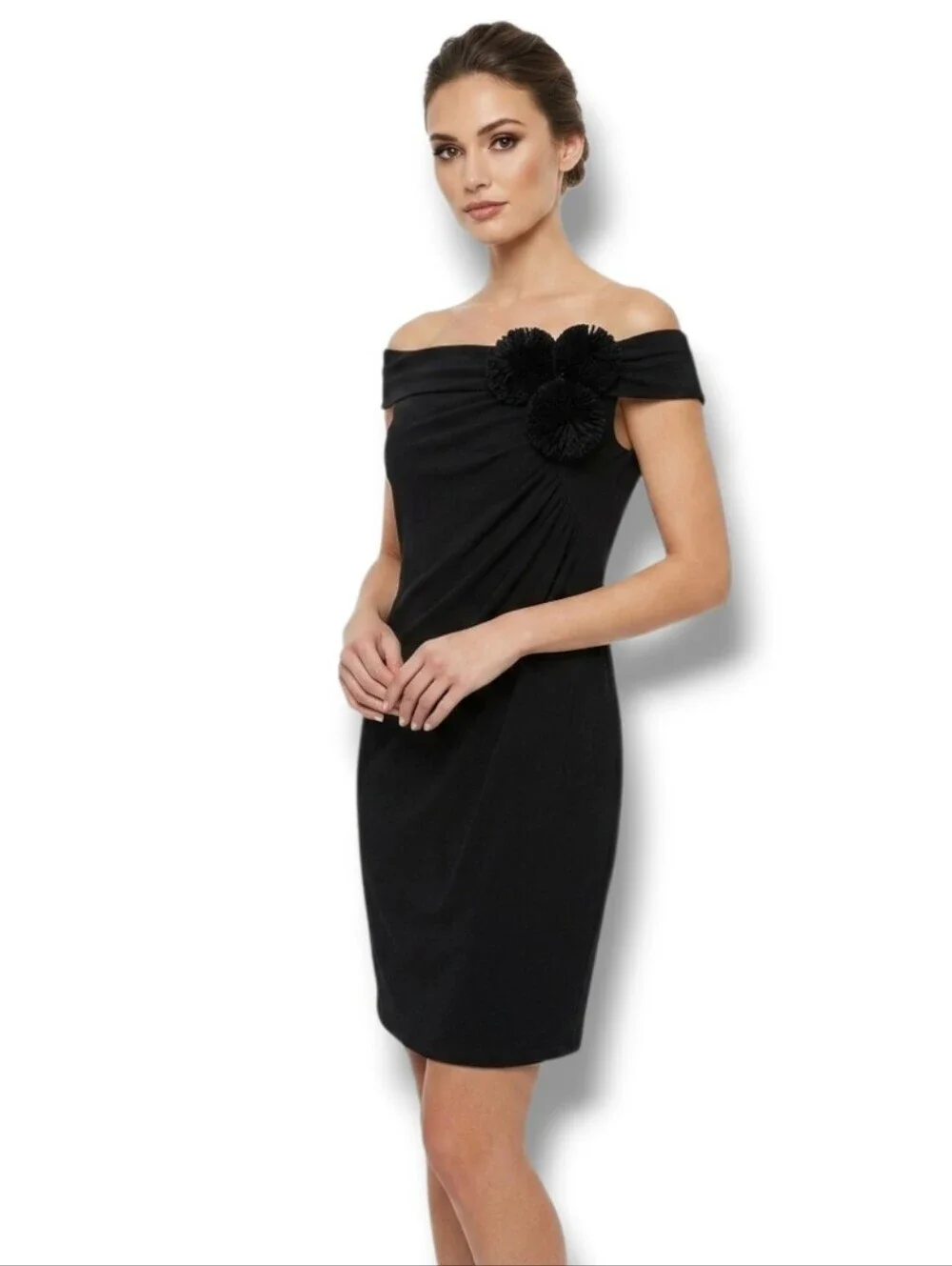 Connected Apparel Women’s Black Off-Shoulder Floral Accent Dress